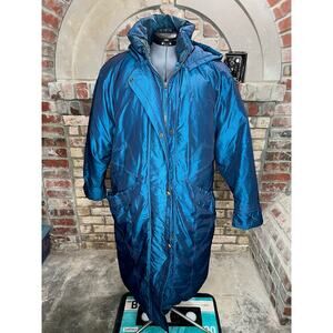 down puffer cocoon coat blue hood